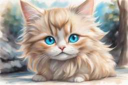 vibrant sketch, cute chibi blue eyed blonde-brown haired cat in Plitvice S<AI in sunshine, shading pastel and charcoal