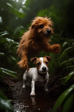 lost small Jack Russell terrier with very hairy humanlike creature come out of a tropical jungle together during a rainstorm, detailed photograph, Nikon lens