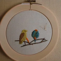 exquisite whimsical birds in embroidery hoop, intricate, highly detailed, linen and wood backdrop