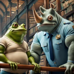 close up photo from a big and fat yellow-green anthropomorphic frog in simple human clothes talking with a strong anthropomorphic rhinoceros without horns in blue modern security guard clothes, they talking and elbowing on an old wooden railing next to each other, in background a bibliothek with tall book shelves, detailed sci-fi, fantasy mood