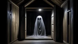 Crea un portal que esté dentro de una cabaña de madera del que esté saliendo un fantasma