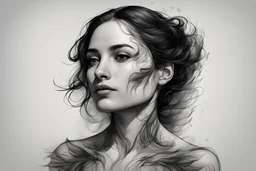A high-definition, ultra-realistic, high-quality, 8K Ultra HD, 8k ultra, hd, render of a woman in a Raven-inspired ink drawing, focusing on her face and shoulders. It should display expressions of calm and mystery - a gentle gaze and a slight, enigmatic smile. Her hair is black, smooth and long, enhancing her mystical aura. Her outfit includes a dark hooded cloak, embodying a mystical and powerful appearance, with subtle magical symbols woven into the fabric.