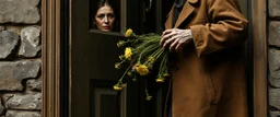 close up portrait painted by Rembrandt, Maya is standing in the doorway with one hand still on the handle. She looks surprised, but not frightened. The zombie is wearing an old brown coat with patches on the elbows. His shoes don't match. What's surprising is that he's carrying a bunch of wildflowers. One of them has slipped from his hand and landed upside down on the porch. The rain is falling everywhere except on the flowers. That's a little strange. The story doesn't mention it.