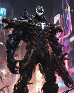 Venom mix with machine in solo leveling shadow artstyle, cyberpunk them, intricate details, highly detailed, high details, detailed portrait, masterpiece,ultra detailed,best quality
