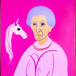 Retrato de una abuela muy guapa llamada Carmen Mozos Bugallo montando un unicornio rosa con el estilo de Pablo Picasso