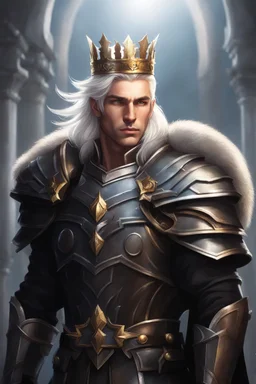 Male Tan Human, White Hair, Handsome Face, Wearing A Magical Crown, Black Heavy Armour, Dark colours theme, Very Dark Background, Paladin Greatsword Strapped to his Back