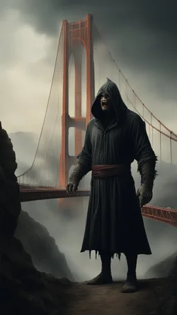 Bosch nightmares paining style Title:the angry giant hooded creature taller than San Francisco golden bridge , 8k artistic photography, photorealistic concept art, soft natural volumetric cinematic perfect light, chiaroscuro, award-winning photograph, masterpiece, oil on canvas, Raphael, Caravaggio’s, Greg Rutkowski, people, beksinski, Giger