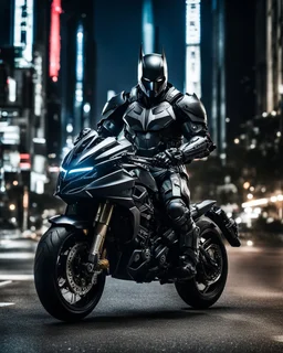 full image front view,street photography art full body batman Dark Knight mechanical robo warrior character, anthropomorphic figure, wearing futuristic mecha warrior armor and weapons, on night city street driving futuristic ducati motorsports