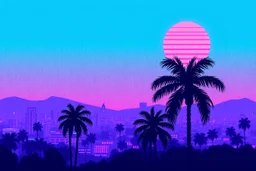 8 bit pixelart of synthwave sun, synthwave color only, palmtrees synthwave, synthwave collored, vaporwave, grid, city skyline,