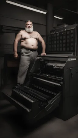 full figure shot photography of an italian strong massive big chubby 50 year old man in opened gray trousers, manly chest,, short beard, shirtless, printer in an old printing house, next to a huge old printer, dim light, side light, ambient occlusion