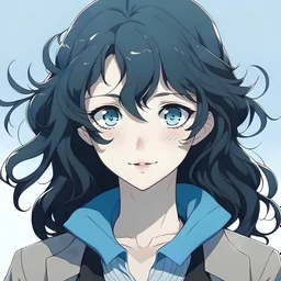 Teenage girl, shoulder length black curly hair, icy blue eyes, pale skin, anime style, British