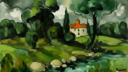 A dark green mushroom wetlands with a fortress painted by Paul Cezanne