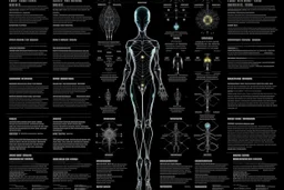 infographic about humans beings, made by alien, black grainy background, strange gliphs, few text with big characters