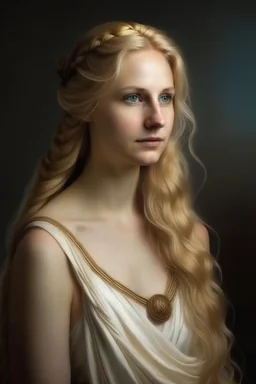 portrait of a woman who looks like an elegant, greek goddess; she is beautiful and has long blond hair, kind and gracious