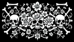 gothic tracery of bones, flowers and skulls, black and white