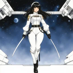 (iin a 2001 space station) a brune with blunt bangs stands bracing hands on a large lever, wearing a tight translucid white jumpsuit with flared legs from the 1970s, with a wide black leather belt around her waist and dark boots. Record of Lodoss War style, Linework: Expressive, expressive black ink line art with variable stroke weights. Crisp contours define silhouettes while fine hatching adds subtle depth and form.