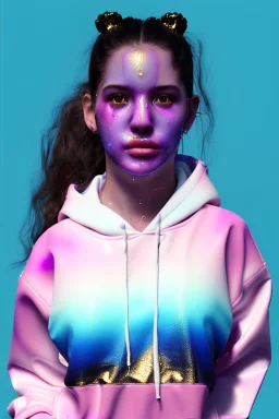 Ultra Realistic image, Rosalía artist, portrait, normal complexion, waist up portrait, long black eye line, sweet face, t-shirt with holes, inflatable hoodie, gold pink and blue style, spray glow make up, geometric led jewelry, fog, hot, inflatable style latex coat, vibrant color, highly detailed, art stations, concept art, smooth, unreal engine 5, god rays, ray tracing, RTX, lumen lighting, ultra detail, volumetric lighting, 3d, finely drawn, high definition, high resolution.