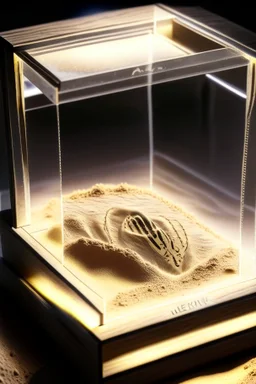 an alien's close up footprint lodged within sand in a neat, square display glass box, "Alien" engraved on small label outside of the box, realistic and highly detailed, 8k