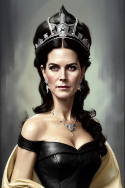 painting of crownprincess mary of denmark as evil queen in black leather, feminie, angry, stern look on her face, volouptous, busty, cleavage, emperious, mature, highly detailed, digital painting, artstation, concept art, smooth, sharp focus, illustration, art by gaston bussiere and alphonse mucha