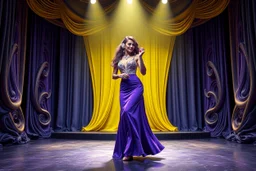 modern stage with gray-dark yellow blueish violet theme artistic decoration , color full dynamic lighting, a beautiful lady in maxi dress with shining silver jewels ,curvy long hair,dancing, 3D recursive fractal structure animating background