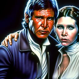 carrie fisher embracing harrison ford, waist up portrait, intricate, oil on canvas, masterpiece, expert, insanely detailed, 4k resolution, cinematic smooth, intricate detail , soft smooth lighting, soft pastel colors,