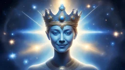 unione, comunione di esseri esseni, spazio, galassie, astronavi, esseri blue, pleiadi gruppo di esseri divini luce stelle raggi corona scettro laser volto da modella definito sorrisostuprndo