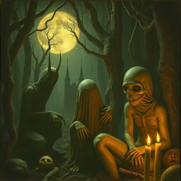 some mysterious figures, odd background, cinematic, Hieronymus Bosch, Max Ernst, vegetal life, rotten, ambient light, cry, ritual