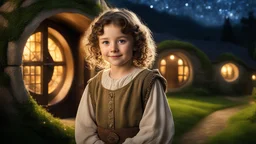 Little very young hobbit girl, beautiful, confident, calm, wise, happy, innocent, facing camera, head and shoulders, curly hair, hobbit clothing, perfect eyes, LOTR village, hobbit homes with circular windows and circular doors, night scene, stars, fireflies, 16k artistic photography, exquisite composition, photorealistic concept art, soft natural volumetric light, chiaroscuro, award-winning photograph, masterpiece, style William-Adolphe Bouguereau