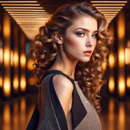 si fi a 3d recursive mandlebore fractal environment color and light an extra beautiful supper modern ukrainian girl wearing modern clothing curly hair gracefully fashion show posing full body shot