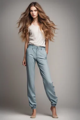 full-body-portrait-of-a-girl mdel-flowing-hair,pretty pants and top, perfect face photo studio lights