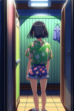 anime girl in a changing room wearing a pyjama shirt and short shorts, with her back turned.