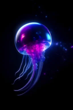 Purple and pink plasma jellyfish coming out of the moon as if an egg. A well on the ground below is shooting up a blue beam like a lightsaber