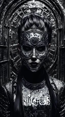 Medium close shot, a horror business punk is wearing a mirrored mosaic tile mask, ornate and shiny, intricate details, long exposure leading to the backdrop of a horrific sewer system, black tones