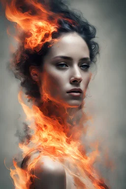 An abstract and captivating digital artwork, portrait of a woman with burning edges