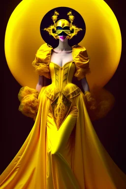 Planet Venus portrayed as a beautiful masked woman wearing medieval robes, her sihlouette is engulfed in yellow vapor and translucid fire, underneath her beauty hides a chaotic inferno of passion and violence