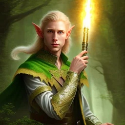 romantic fantasy spray painting, portrait of ultracute green eyed blonde robed elf poet sitting on huge marble throne, loosing torch in magical forest