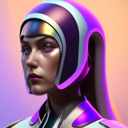 woman, rounded face, purple and gold, round helmet, decorative color feathers, retro futuristic, latex coat, soft color, highly detailed, art stations, concept art, smooth, unreal engine 5, god rays, ray tracing, RTX, lumen lighting, ultra detail, volumetric lighting, 3d, finely drawn, high definition, high resolution.