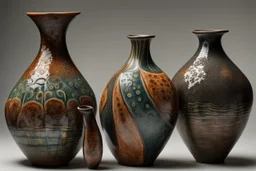 Wide Shot, Contemporary Vase shapes and designs in Obvara Glaze, Carbon Trapping Glaze, and Oxidation Glaze with intricate Underglaze designs":"HDRI, Intense Multi-colours, Studio Lighting, insanely detailed, Deep Focus, f/11, 50mm Lens