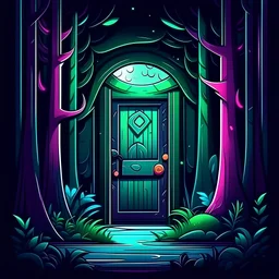 outsite room with wooden door in the middle of a forest at night neon cartoon