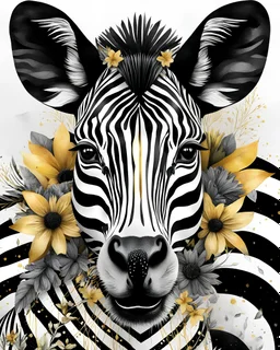 Mixed media representation of a zebra face, paper cutout aquarelle style intertwined with vector graphic flowers in watercolor, black and white horizontal stripes uniform in size, flanked by resin-made golden elements, banner featuring hand-lettered typography and an exact geometric pattern of black and white stripes filling the background, trending on ArtStation with sharp focus, intricate details by Greg Rutkowski, ultra realistic, digital painting., Watercolor, trending on artstation, sharp f