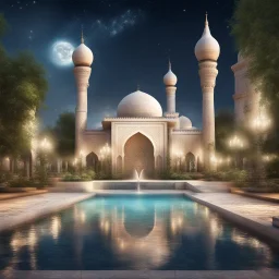 Hyper Realistic Huge multicolor rustic wall textured Mosque with beautiful fountain & white rose garden at beautiful night