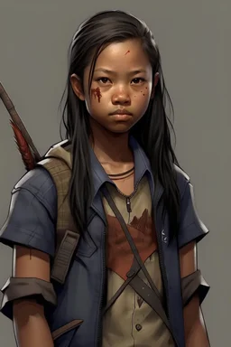 Girl, 12 Years Old, Dark Hair Midlength, Tan Skin, Blasian, Pre Teenage, Post-Apoclyptic, Dirty, Blood, Short Sleeved Ripped Denim Jacket, Brown Shirt, Bow And Arrow