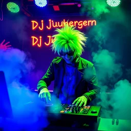 A DJ performing at dance club, his name DJ JüRGEN and looks crazy, crazy green hair with crazy outfit. Neon lights and smog, DJ JüRGEN SIGN ON WALL