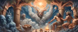close up portrait of a myrriad and a star golem feast with greek gods, swirling illusion clouds, walls caving in, indian gods also, twisting grid blanket, tree with dimensional door