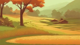 Rice field，Trees，Warm color palette，Animation，A lovely grasshopper