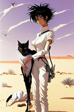 Meryl Stryfe Trigun young girl short black hair anime white clothes standing in the desert with a cat in her arms