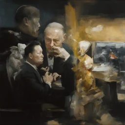 Putin, President Xi Of China And Joe Biden Play Chess With Atomic Bomb Mushroom Cloud,Complex Surgical Instruments Intermixed With A Newborn Boy,Minimalism,Painting By Adrian Ghenie,Rene Magritte,Pablo Picasso,Michelangelo,Salvador Dali,Lucian Freud