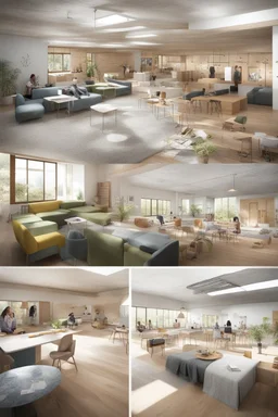 could you please create a visual image for an interior design project of different areas in a Holistic and Sustainable Refugee Resettlement Centre that applies the following 'Self-Sustainability, Enhanced Living Conditions, Multi-functional Communal Spaces, Education and Job Training Centers, Integration of Mental Health Support'