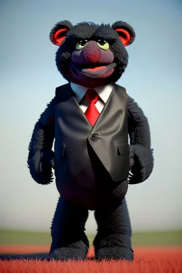 Waist up muppet Portrait, Kim Jong-un muppet doll, black suit, photo studio, red background, unreal engine 5, concept art, art station, ray tracing, lumen lighting, ultra detail, volumetric lighting, 3d.