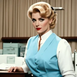 GRIM-LOOKING FEMALE in revealing SURGEON outfit WITH BLONDE UPSWEPT HAIR 1960S STANDING BEHIND A DESK.